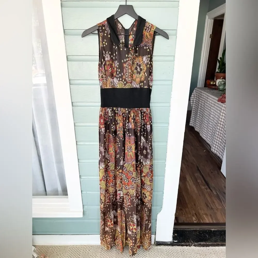 Vintage wide leg paisley jumpsuit 60s 70s brown Peter Pan collar S fall RARE - Picture 2 of 12